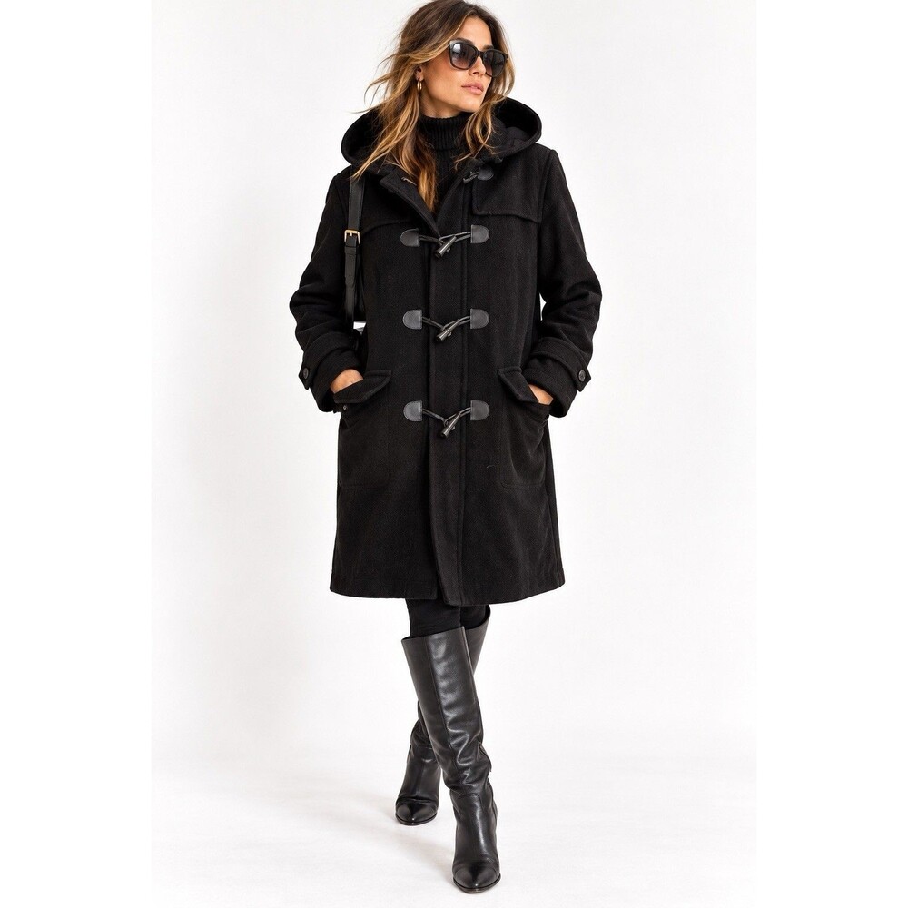 Nautica Black Wool Blend Hooded Duffle Toggle Coat Estimated Women’s XL